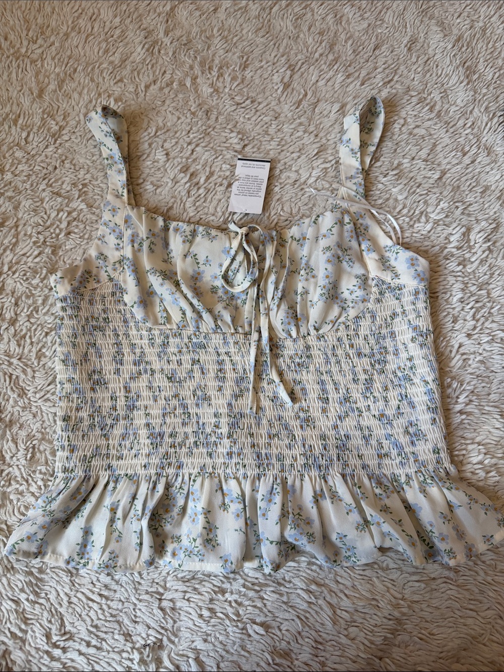 NWT Love Tree Cream Floral Smocked Tie-Front Cami Top size L